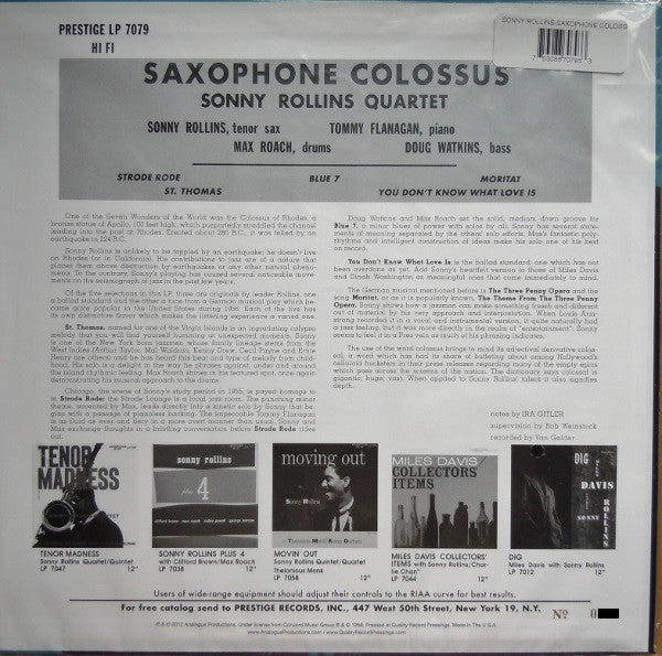 Sonny Rollins - Saxophone Colossus (Analogue Productions, Prestige, Prestige) LP, Album, Mono, Ltd, Num, RE, 200